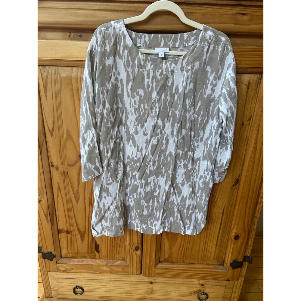 Pure Jill J. Jill Tunic Top Womens Medium Taupe White Ikat Abstract Cotton Rayon
